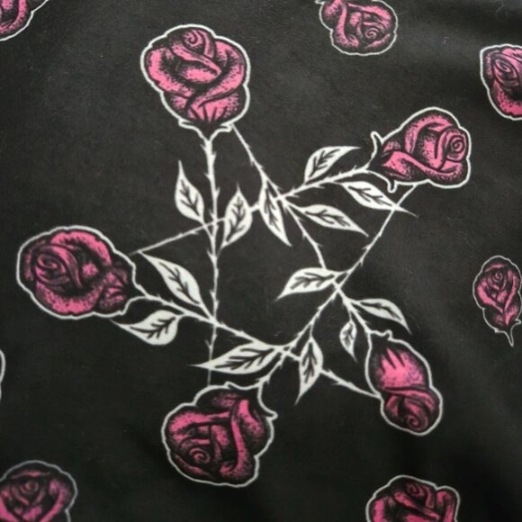 Too Fast Pants - Rose Stemmed Pentagram - Flared (bell bottom) pant in Pink & Black [Small] *NWT*